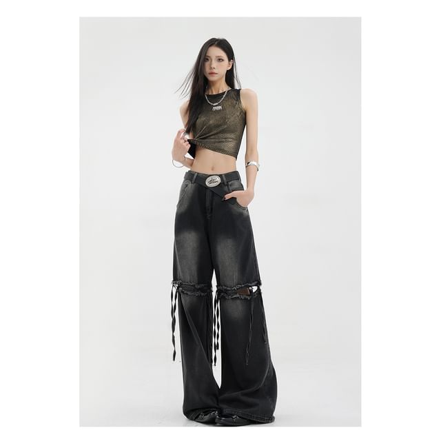 Low Waist Washed Cut-Out Straight-Fit Wide-Leg Jeans SpreePicky