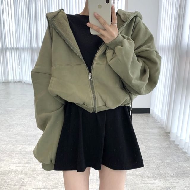 Drop Shoulder Plain Zip Up Cropped Hoodie SpreePicky