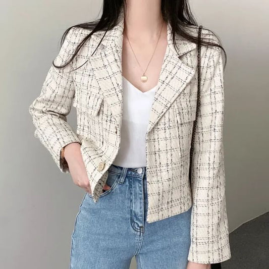 Lapel Collar Plaid Tweed Cropped Button Jacket SpreePicky