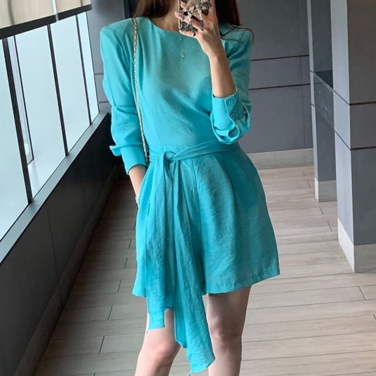 Long-Sleeve Round Neck Plain Belted Romper SpreePicky