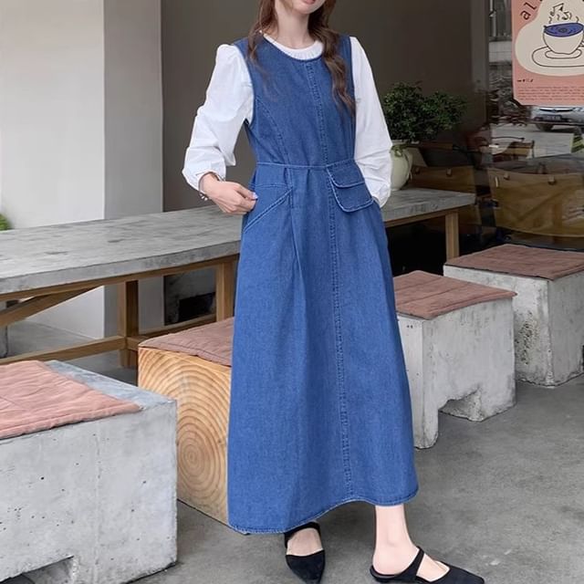 Long-Sleeve Round Neck Plain Blouse / Washed Denim Maxi Dungaree Dress / Crossbody Bag / Set SpreePicky