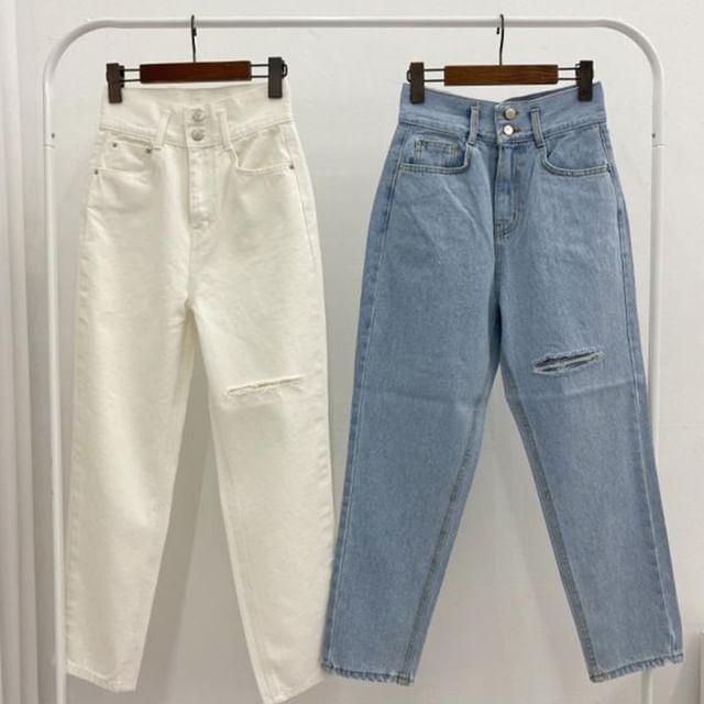 High Waist Plain Ripped Straight Leg Jeans SpreePicky