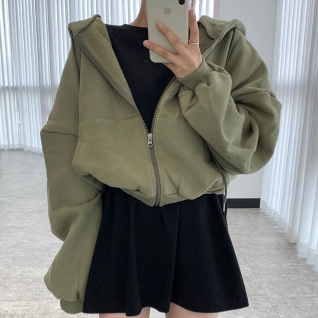 Drop Shoulder Plain Zip Up Cropped Hoodie SpreePicky