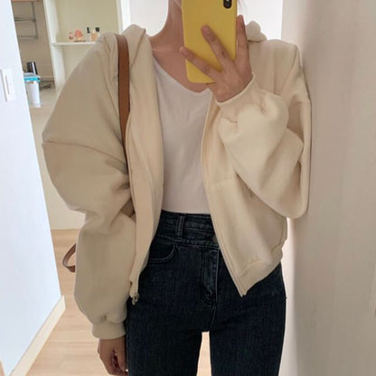 Drop Shoulder Plain Zip Up Cropped Hoodie SpreePicky