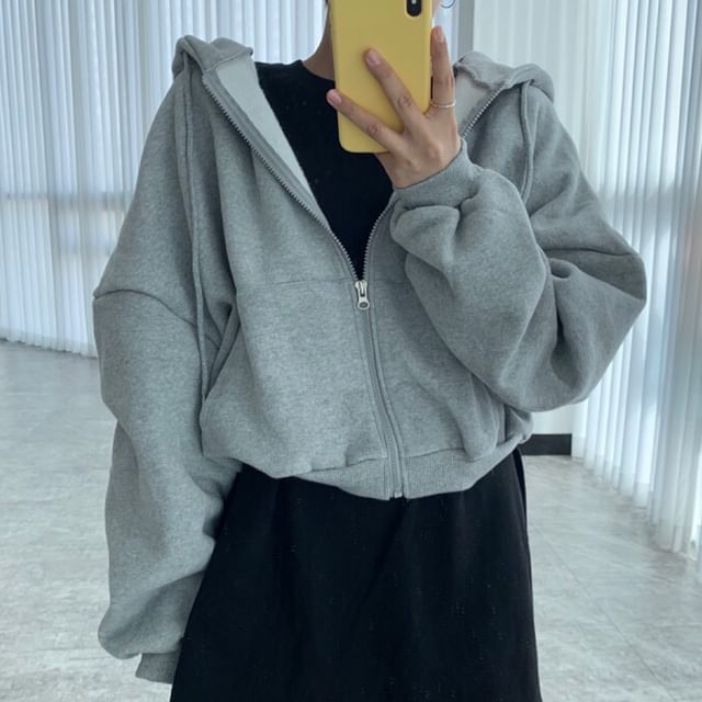 Drop Shoulder Plain Zip Up Cropped Hoodie SpreePicky