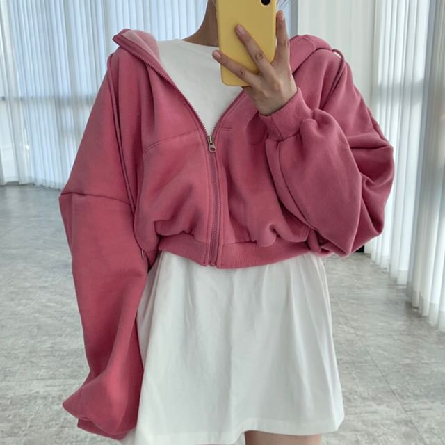 Drop Shoulder Plain Zip Up Cropped Hoodie SpreePicky