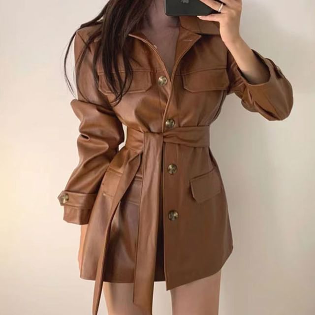 Long Sleeve Collared Plain Faux Leather Button Belted Shirt Dress SpreePicky