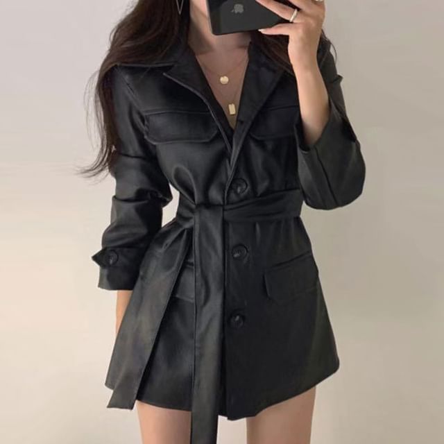 Long Sleeve Collared Plain Faux Leather Button Belted Shirt Dress SpreePicky