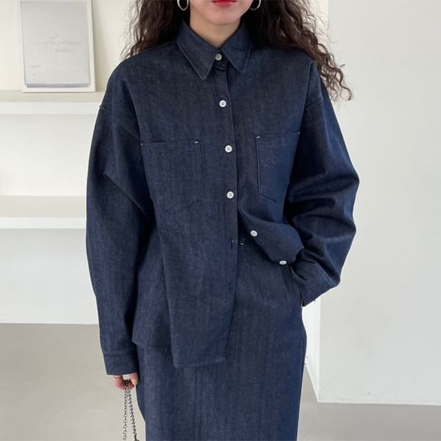 Collared Drop Shoulder Denim Shirt / High Waist Plain Midi A-Line Skirt SpreePicky