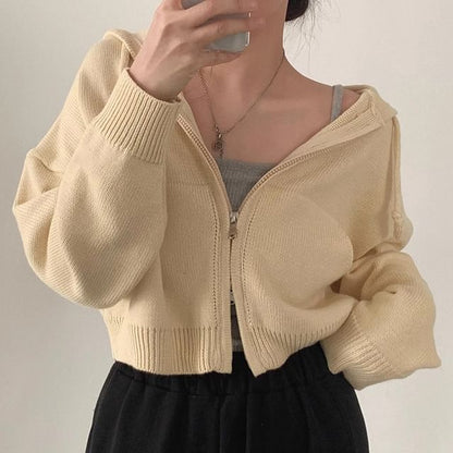 Drop Shoulder Plain Zip Up Cropped Knit Hoodie SpreePicky