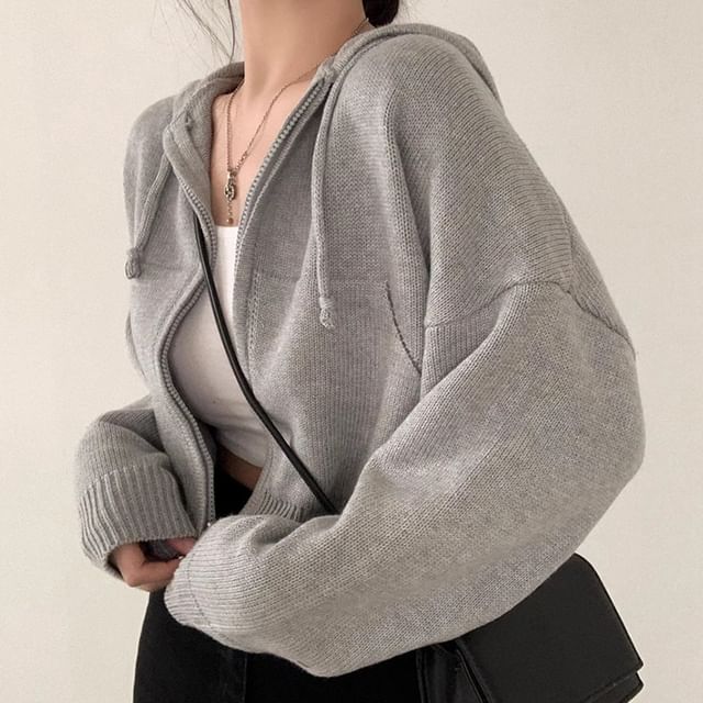 Drop Shoulder Plain Zip Up Cropped Knit Hoodie SpreePicky