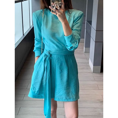 Long-Sleeve Round Neck Plain Belted Romper SpreePicky