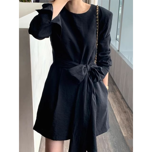 Long-Sleeve Round Neck Plain Belted Romper SpreePicky