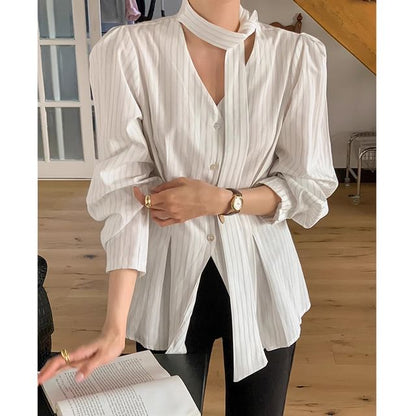 Long Sleeve V-Neck Striped Tie Front Blouse SpreePicky