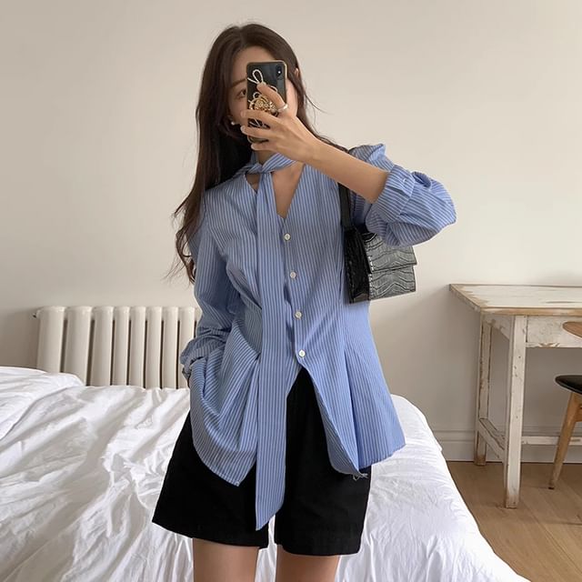 Long Sleeve V-Neck Striped Tie Front Blouse SpreePicky