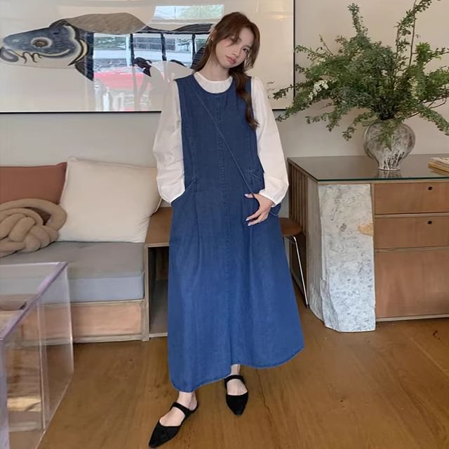 Long-Sleeve Round Neck Plain Blouse / Washed Denim Maxi Dungaree Dress / Crossbody Bag / Set SpreePicky