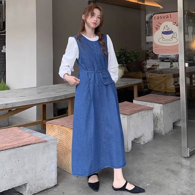 Long-Sleeve Round Neck Plain Blouse / Washed Denim Maxi Dungaree Dress / Crossbody Bag / Set SpreePicky