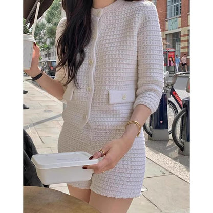 Set: Crew Neck Plain Knitted Button Cardigan + High Waist Plain Shorts SpreePicky