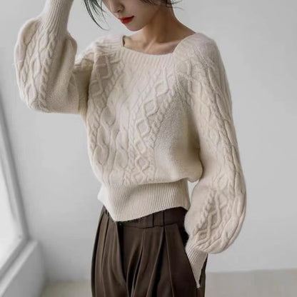 Square-Neck Cable-Knit Loose Sweater in 13 Colors SpreePicky