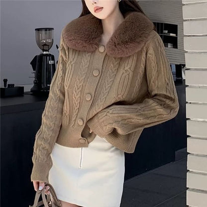 Faux Fur-Collar Cable-Knit Cardigan in 6 Colors SpreePicky