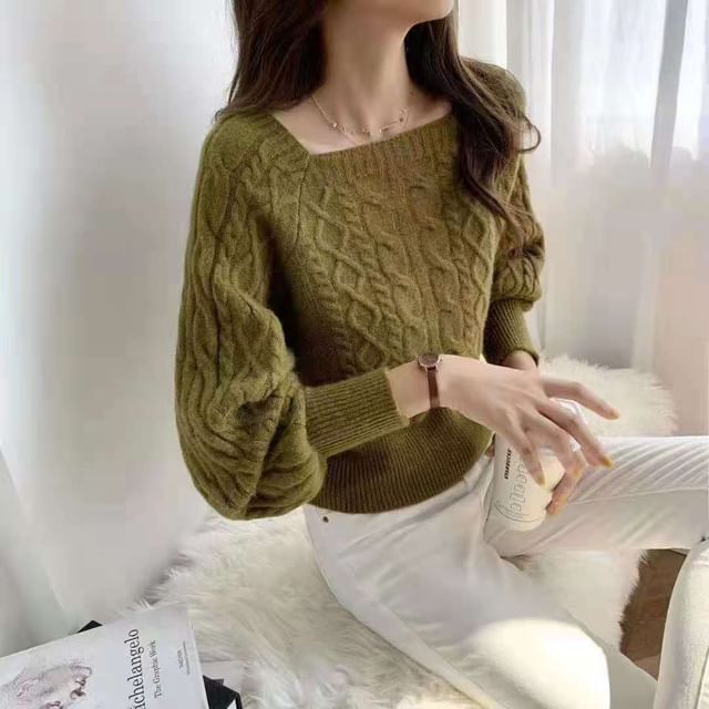 Square-Neck Cable-Knit Loose Sweater in 13 Colors SpreePicky