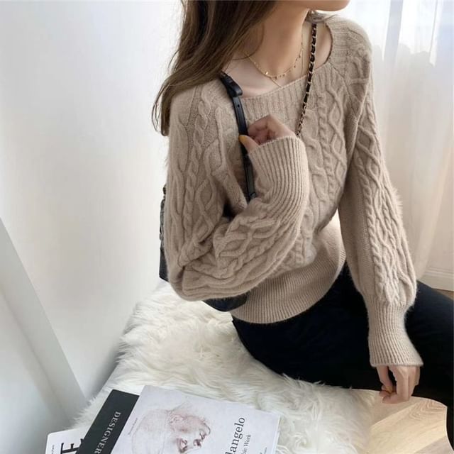 Square-Neck Cable-Knit Loose Sweater in 13 Colors SpreePicky