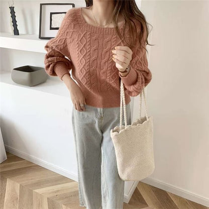 Square-Neck Cable-Knit Loose Sweater in 13 Colors SpreePicky