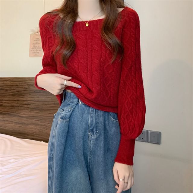 Square-Neck Cable-Knit Loose Sweater in 13 Colors SpreePicky