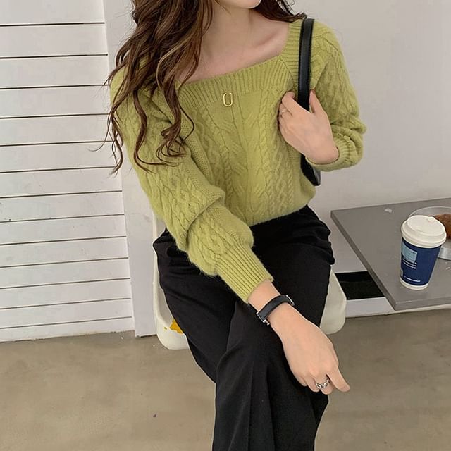 Square-Neck Cable-Knit Loose Sweater in 13 Colors SpreePicky