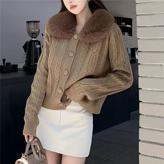 Faux Fur-Collar Cable-Knit Cardigan in 6 Colors SpreePicky