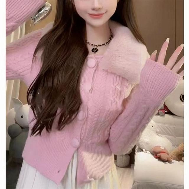 Faux Fur-Collar Cable-Knit Cardigan in 6 Colors SpreePicky