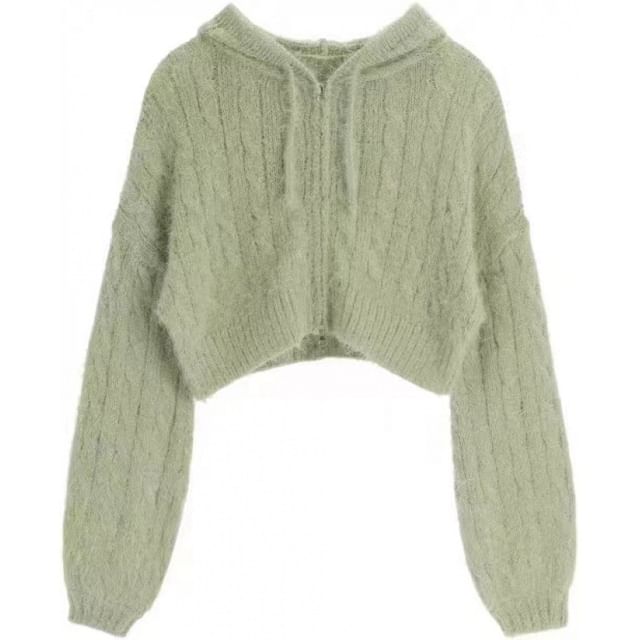 Cropped Cable-Knit Hooded Zipper Cardigan in 6 Colors SpreePicky