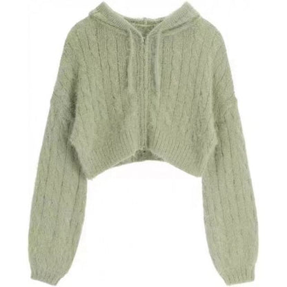 Cropped Cable-Knit Hooded Zipper Cardigan in 6 Colors SpreePicky