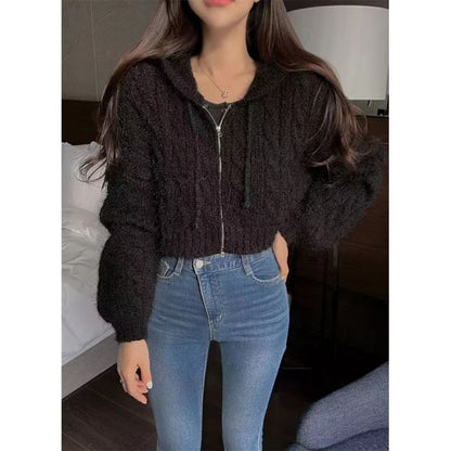 Cropped Cable-Knit Hooded Zipper Cardigan in 6 Colors SpreePicky