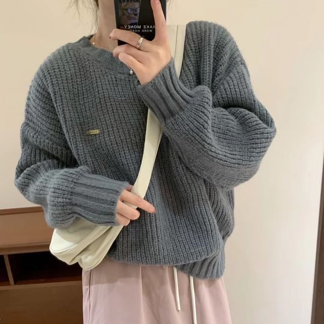 Oversized Crew-Neck Knit Sweater in 5 Colors SpreePicky