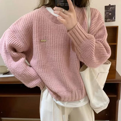 Oversized Crew-Neck Knit Sweater in 5 Colors SpreePicky