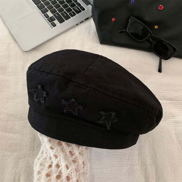 Star-Embroidered Washed Denim Beret SpreePicky