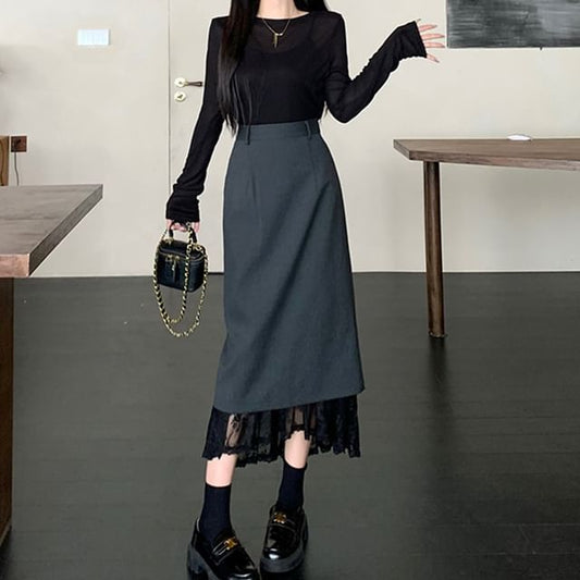 Long-Sleeve Crew Neck Plain Knit Top / High Rise Lace Trim Midi A-Line Skirt SpreePicky