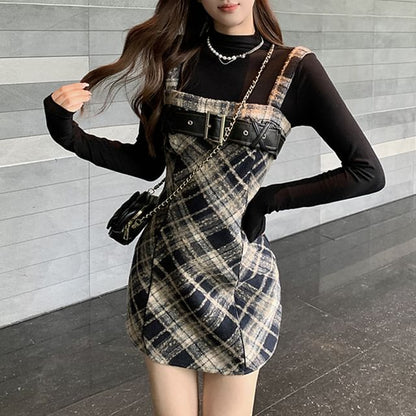 Long-Sleeve Mock Neck Knit Top / Plaid Midi Dungaree Dress / Set SpreePicky