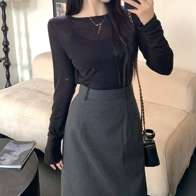 Long-Sleeve Crew Neck Plain Knit Top / High Rise Lace Trim Midi A-Line Skirt SpreePicky