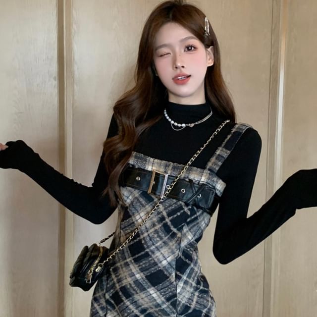 Long-Sleeve Mock Neck Knit Top / Plaid Midi Dungaree Dress / Set SpreePicky