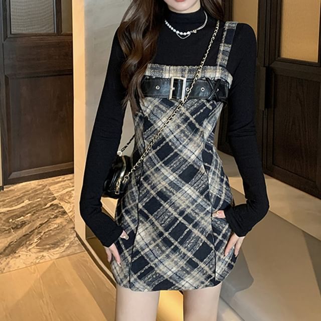 Long-Sleeve Mock Neck Knit Top / Plaid Midi Dungaree Dress / Set SpreePicky