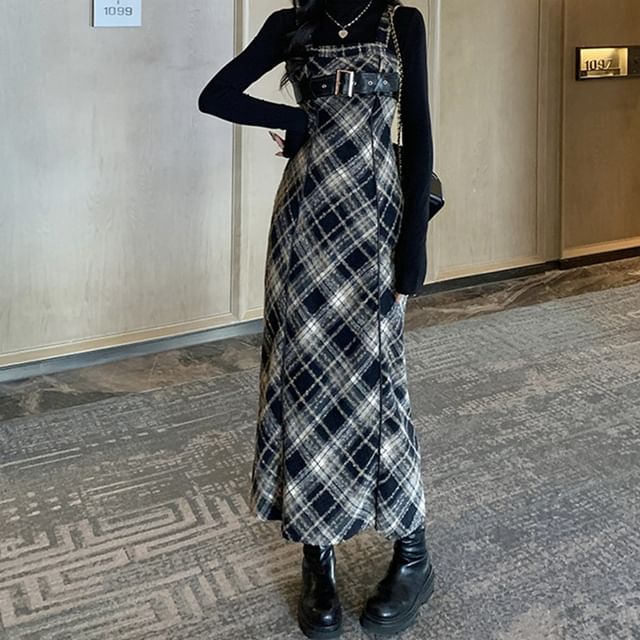 Long-Sleeve Mock Neck Knit Top / Plaid Midi Dungaree Dress / Set SpreePicky