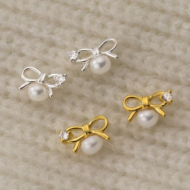 S925 Sterling Silver Bow Rhinestone Faux Pearl Stud Earring SpreePicky