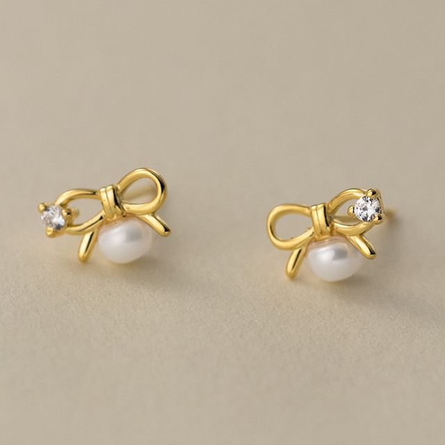 S925 Sterling Silver Bow Rhinestone Faux Pearl Stud Earring SpreePicky