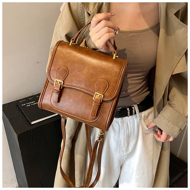 Faux Leather Plain Flap Backpack SpreePicky