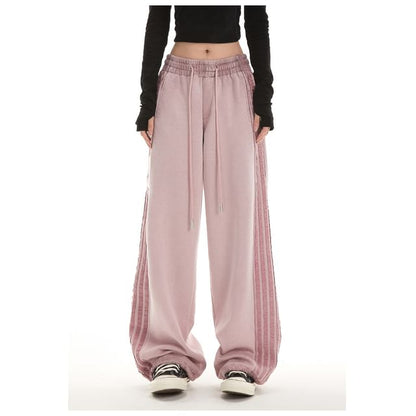 Low Waist Plain Striped Loose-Fit Wide-Leg Sweatpants SpreePicky