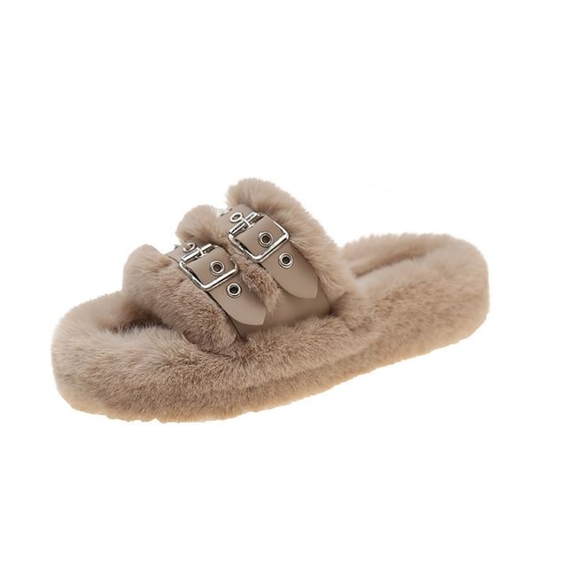 Buckled Fleece Platform Slide Sandals SpreePicky