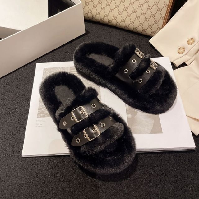 Buckled Fleece Platform Slide Sandals SpreePicky