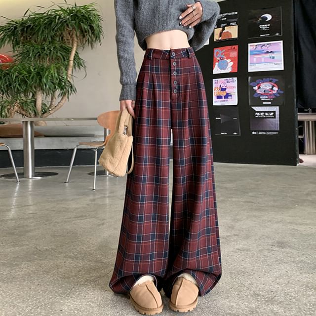 High Rise Plaid Wide Leg Dress Pants SpreePicky